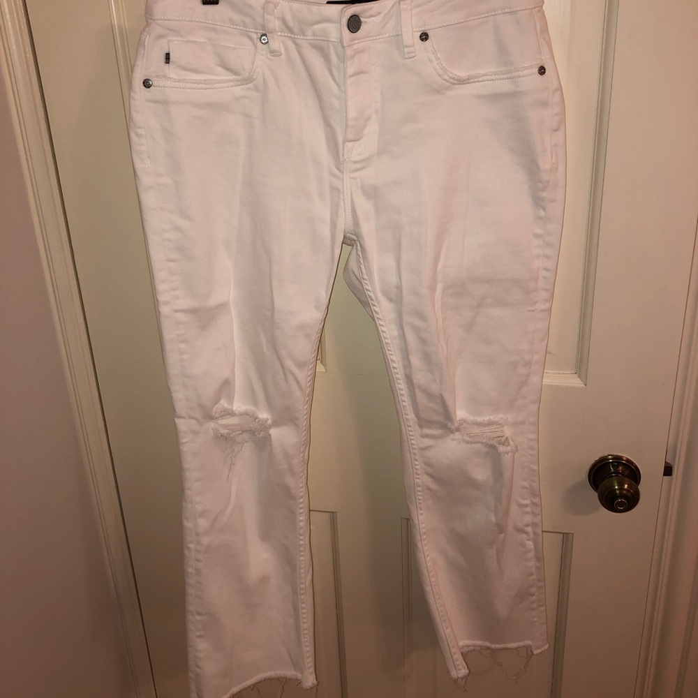 Distressed, cropped, white jeans
